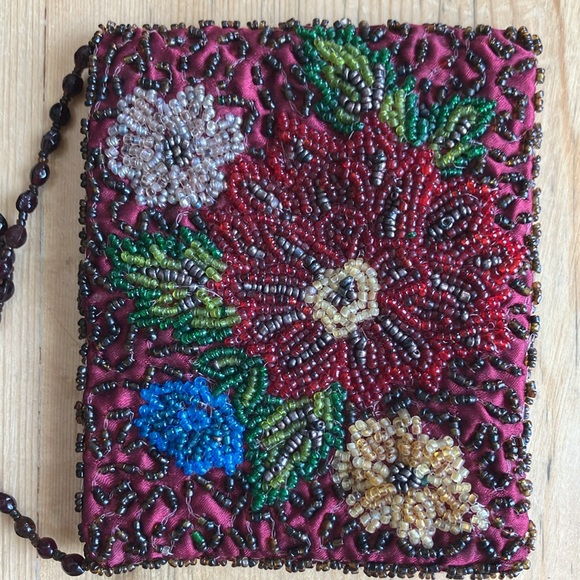 2/$30 Moyna 5”x4” Mini Beaded Bag Garnet Blue Emerald Champagne Floral Motif - Picture 7 of 12